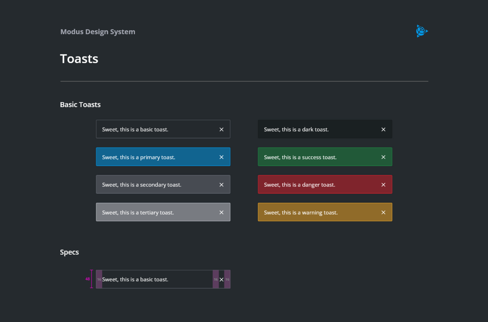 Dark Mode Toasts example